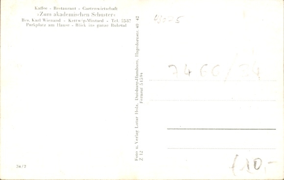 Postcard Kettwig Essen in the Ruhr area, To the academic shoemaker, dining room