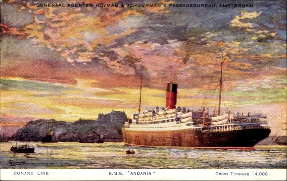 Kunstenaar ansichtkaart passagiersstoomboot RMS Andania, Cunard Line