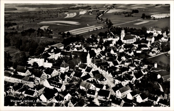 Postcard Bad Wurzach in Upper Swabia, aerial view of Wurzach, many roofs, church visible, rural