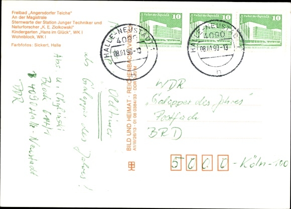 Postcard Halle Neustadt, outdoor pool Angersdorfer ponds, highway, observatory, kindergarten