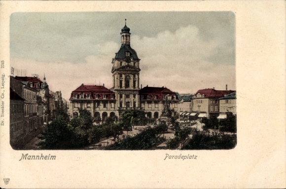 Postcard Mannheim in Baden, Paradeplatz, building with tower, colored,