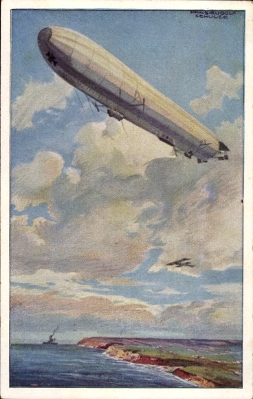 Artist Postcard Schulze, Hans Rudolf, Imperial Navy airship, Watch on the German Baltic coast