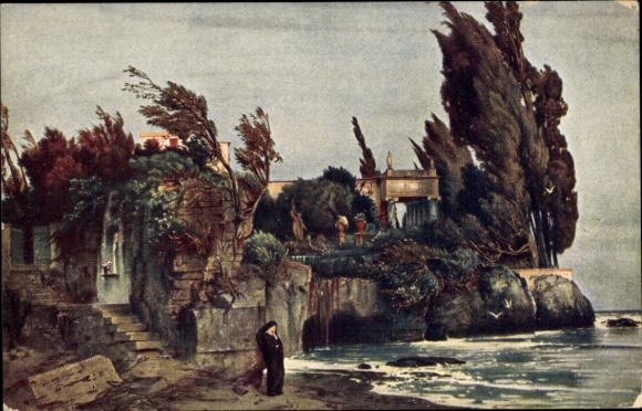 Artist Postcard Böcklin, A., Stormy Weather, Woman in Black Dress