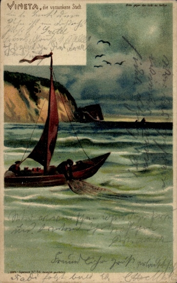 Hold against the light Chromo-Litho Vineta, the sunken city in the Baltic Sea, fishing boat