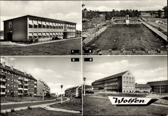 Ak Wolfen in Saksen-Anhalt, kleuterschool Goethestraße, zwembad, POS Erich Weinert