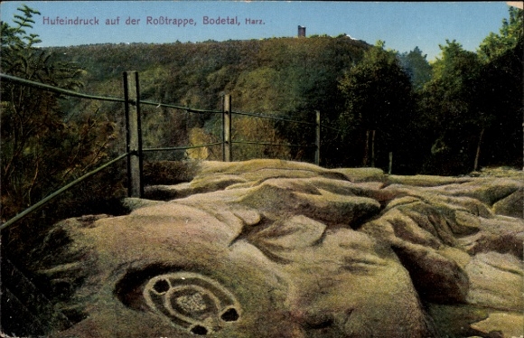 Ak Thale im Harz, Hufeindruck auf der Rosstrappe, Bodetal