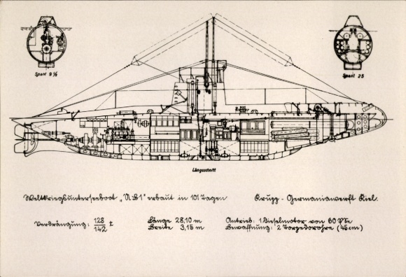 Picture German warship, submarine, technical drawing, Krupp-Germaniawerft Kiel