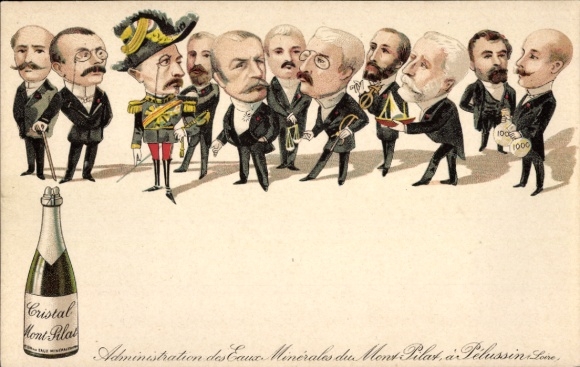 Chromo-Litho Pelussin Loire, Cristal Mont Pilat, Administration des Eaux Minerales, men, advertising