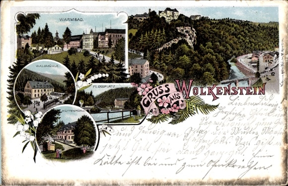 Litho Wolkenstein im Erzgebirge, Gruss, Panorama, Warmbad, Waldmühle, Hüttenmühle
