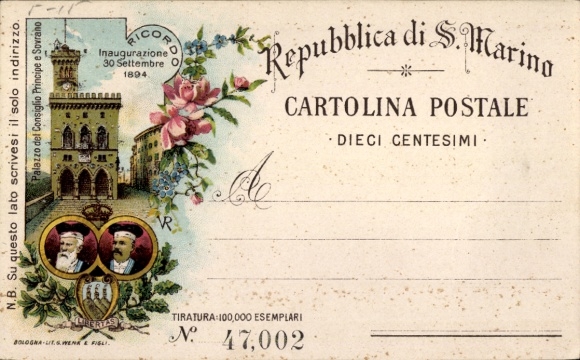 lito San Marino, Palazzo del Consiglio Principe e Sovrano, inauguracja 1894