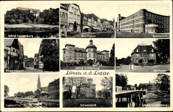Postcard Lünen in Westphalia, Kappenberg Castle, Buddenburg, Schwansbell, Sparkasse, Gymnasium