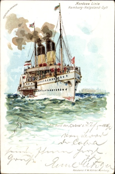 Kunstenaar Litho Bohrdt, Hans, stoomschip Cobra, HAPAG
