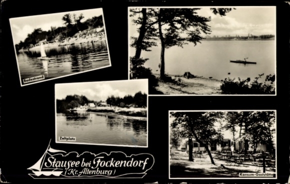 Ak Fockendorf in Thüringen, stuwmeer, camping, restaurant Konsum, zwart-witfoto's