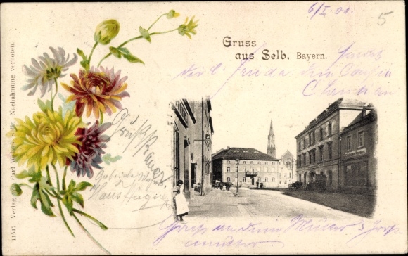 Ak Selb in het Fichtelgebirge Opper-Franken, straatgebied, bloemen