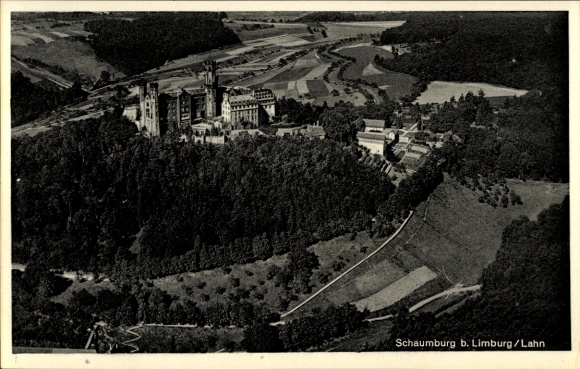 Postcard Balduinstein on the Lahn, Schaumburg Castle, aerial photograph