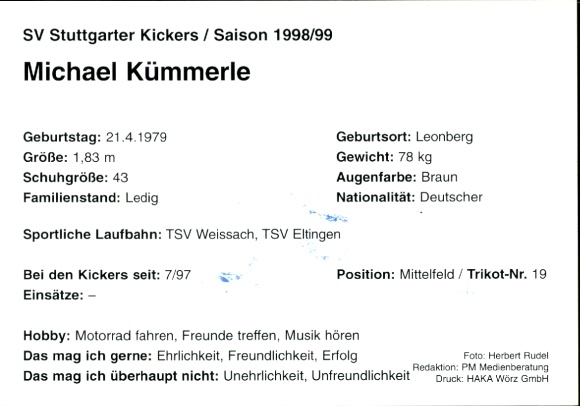 Karta autografu piłkarza Michaela Kümmerle, SV Stuttgarter Kickers, autograf