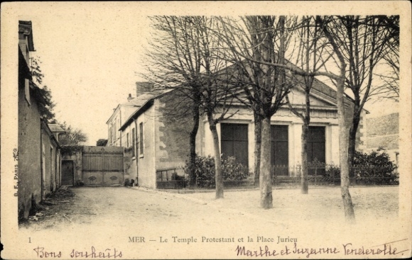 Postcard Mer Loir et Cher, Le Temple Protestant et la Place Jurieu