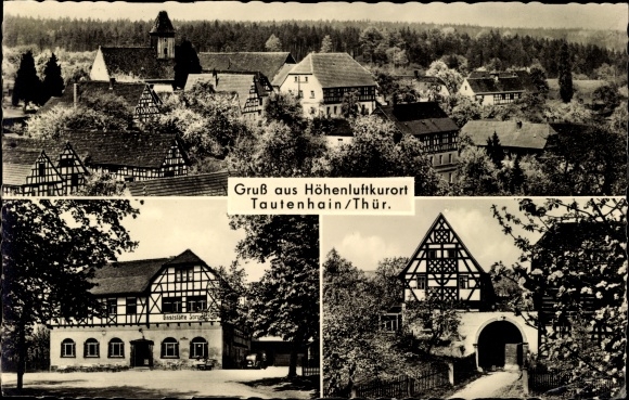 Postcard Tautenhain in Thuringia, general view, half-timbered house, gate, restaurant