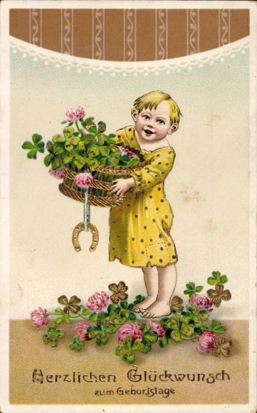 Postcard Congratulations Birthday, Child, Lucky Clover, Horseshoe