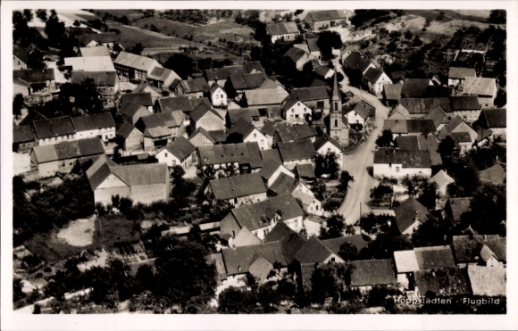 Postcard Hoppstädten Weiersbach in the Nahe valley, aerial view of many houses, quiet landscape, black and white