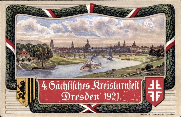 Coat of arms artist Postcard Dresden, 4th Saxon District Gymnastics Festival 1921, city view from the Waldschlösschen