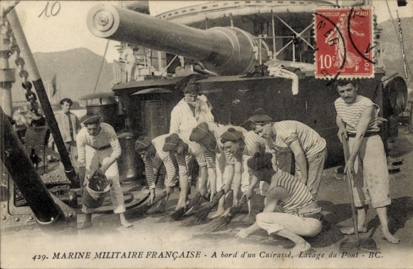 Ak Marine Militaire Francaise, A bord d'un Cuirassé, Lavage du Pont