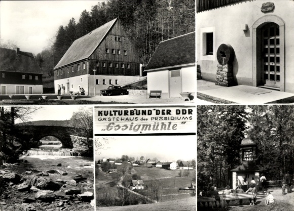 Postcard Hermsdorf in the Erzgebirge, Cultural Association of the GDR, Guesthouse Essigmühle, Seyde, Glockenspiel Bärenfels
