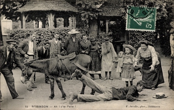 Postcard Robinson Hauts de Seine, donkey throws rider, spectators