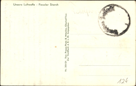 Postcard Fieseler Fi 156 Storch, propeller machine, German fighter aircraft, Luftwaffe