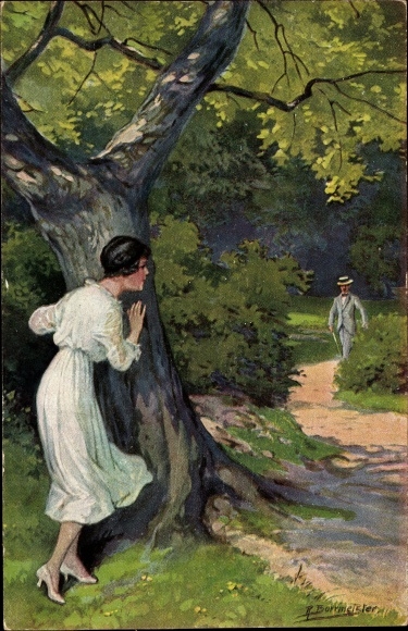 Artist PC Borrmeister, R., surprise, young woman hiding behind a tree