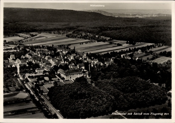 Postcard Freudental in Württemberg, aerial view of castle visible, rural surroundings