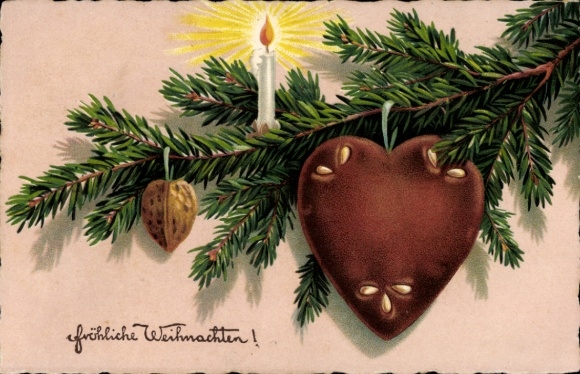 Ak gefeliciteerd Kerstmis, peperkoekhart, dennentakken, walnoot