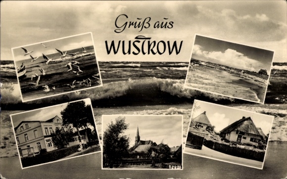 Postcard Ostseebad Wustrow Fischland, waves, church, thatched-roof houses