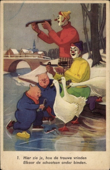 Ak Vermenschlichte Tiere, Schweine laufen Schlittschuh, Gänse, Clowns