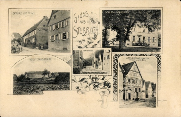 Postcard Stebbach Gemmingen in Baden, Gasthaus zum Rössel, Schomberg Castle, Streichenberg Estate