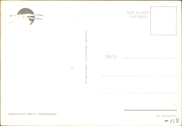Postcard Spanish passenger aircraft of Spantax, Convair CV 990 A Coronado