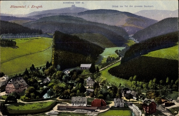 Postcard Blauenthal Eibenstock in the Ore Mountains, panorama, Auersberg, valley of the big Bockau