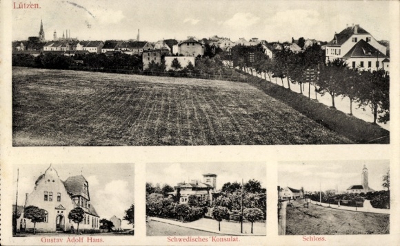 Ak Lützen im Burgenlandkreis, Stadtansicht  Gustav Adolf Haus, Schwedisches Konsulat, Schloss