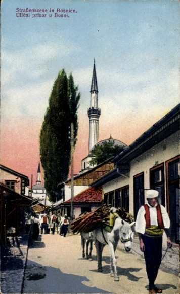 KP Bośnia i Hercegowina, scena uliczna, minaret, osioł