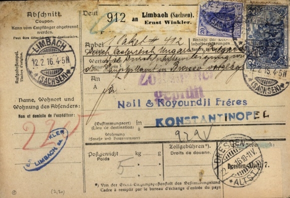 Kosztowności wysłane z Limbach w Saksonii 12 lutego 1916 r. do Konstantynopola