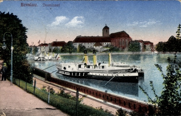 Ak Wrocław Breslau Schlesien, Dominsel, Dampfer
