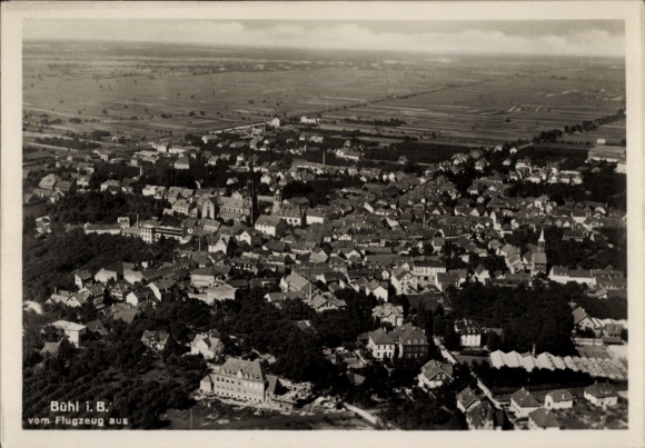Postcard Bühl in Baden, Mehliskopf, aerial photograph of Bühl, text: from the airplane, city view