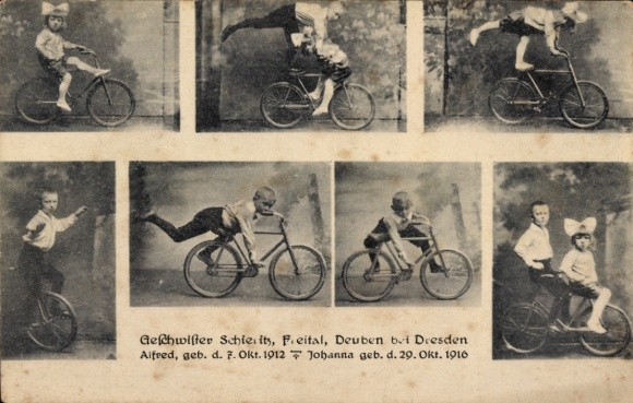 Ak Deuben Freital in Sachsen, Geschwister Schieritz, Kunststücke auf dem Fahrrad