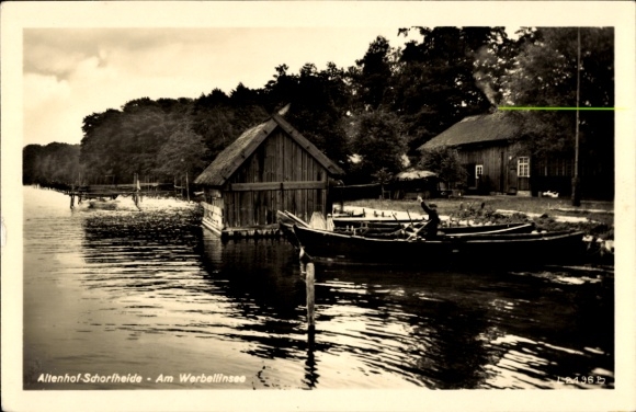 Postcard Altenhof Schorfheide on Lake Werbellin, boat, hut, shore