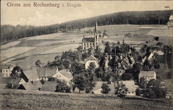 Ak Rechenberg Bienenmühle Erzgebirge, Blick über den Ort, Kirche, Wohnhäuser