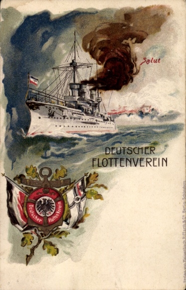 Chromo-Litho German Fleet Association, German warship, salute, flags, Imperial Navy