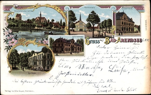 Litho Ostseebad Arendsee Kühlungsborn, Schule, Marktplatz, Klosterkirche, Schützenhaus, Kurhaus