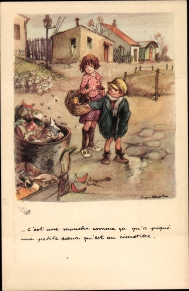 Artist PC Poulbot, Ligue Nationale contre le Taudis, children, dustbin, flies