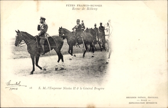 Postcard Fêtes Franco Russes de 1901, Revue de Betheny, Nicolas II, General Brugere