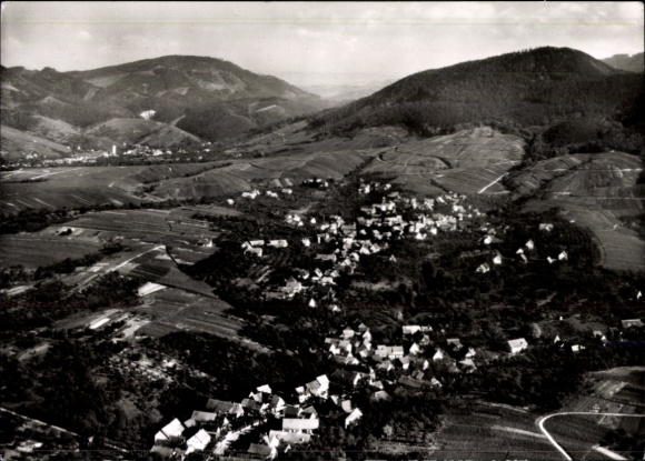Postcard Bühl in Baden Black Forest, aerial view of a wine village, vineyards, numerous houses, mountains in